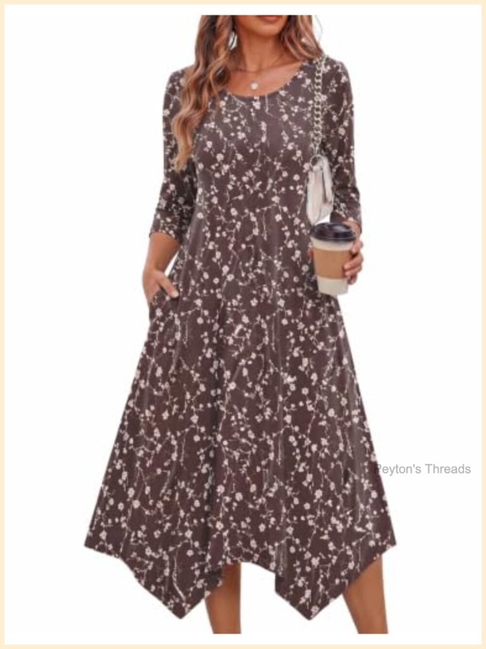 3/4 Sleeve A-Line Midi Dress with Pockets